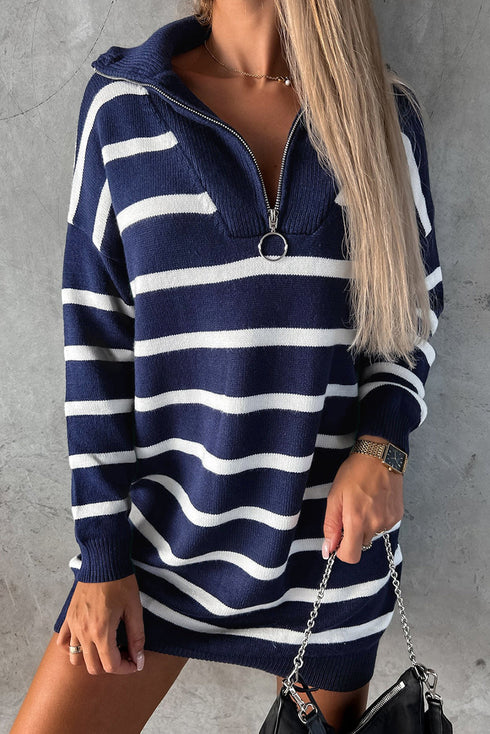 Striped O-Ring Zip Front Collared Drop Shoulder Long Sleeve Sweater Dress